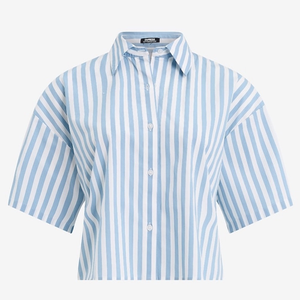 Express Stretch Cotton Poplin Stripped Short Sleeve Cropped Button Down Shirt - Picture 5 of 13